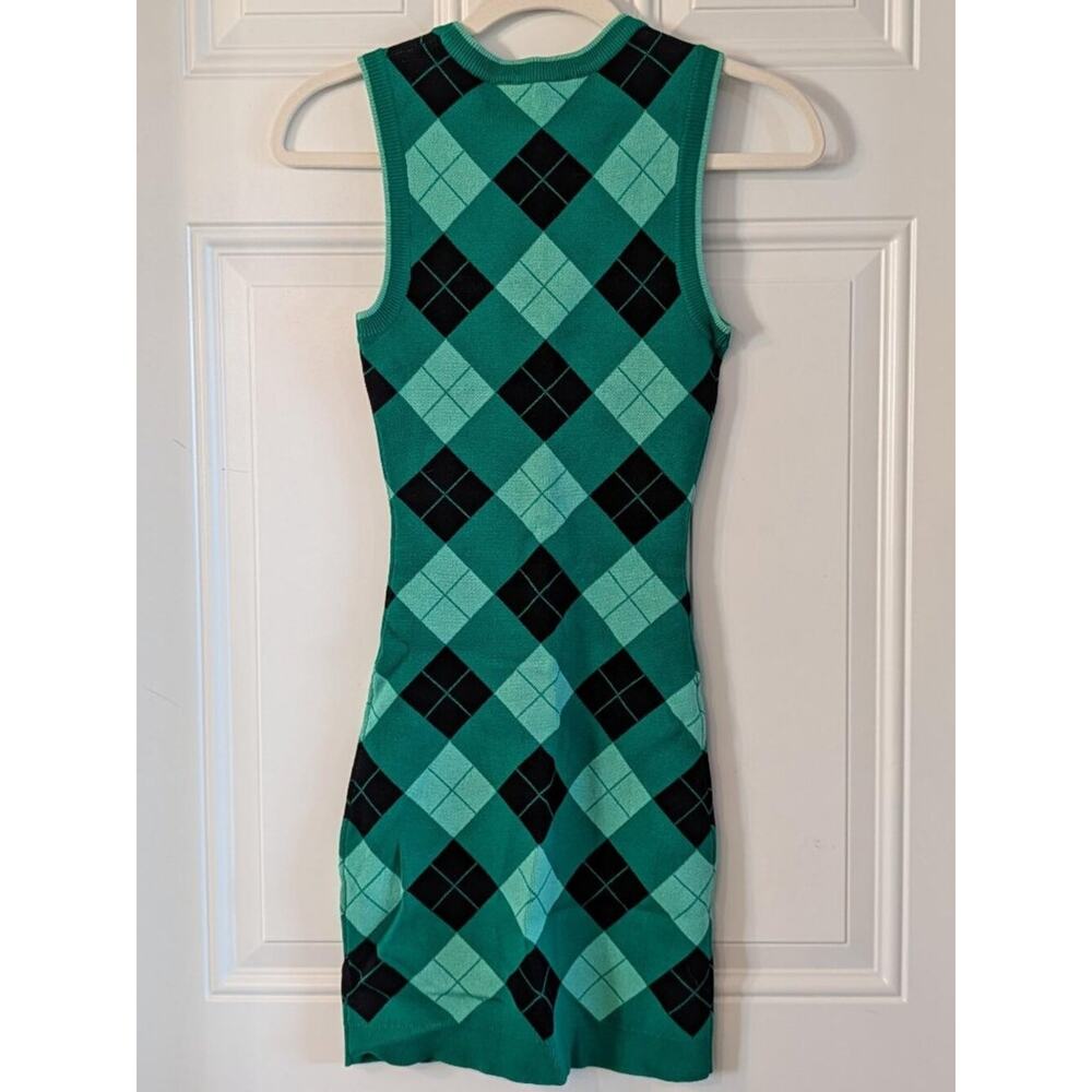 Zara Argyle Sweater Dress XS Green Preppy Bodycon Knit Sleeveless  Y2K - Picture 2 of 5